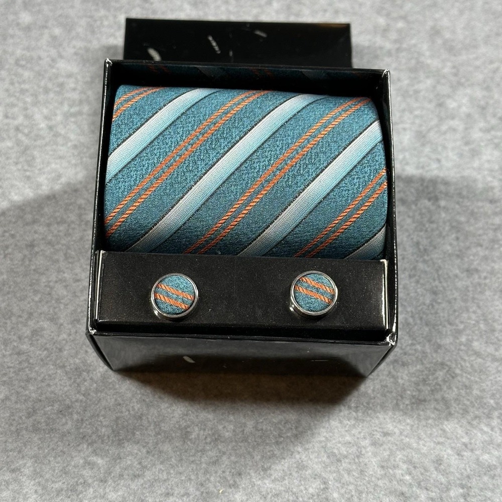 KGEAR Silk Tie Set Teal Orange Stripe w Cufflinks Pocket Square Gift Box 56x3.75